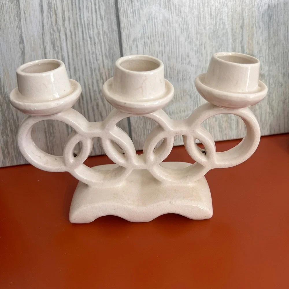 Vintage Japan Ceramic Triple Taper Candle Holder‎ Cream Interlocking Rings 4.5